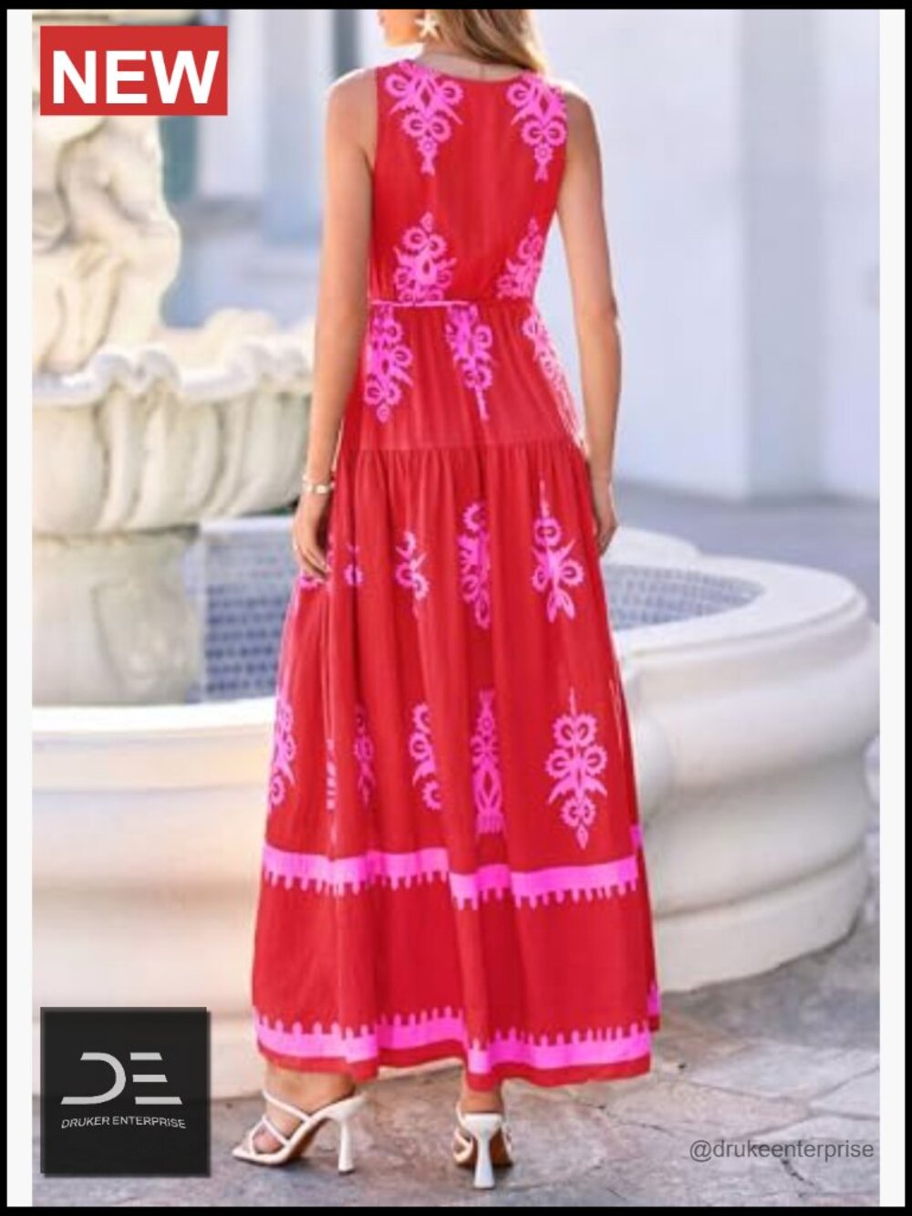 Boho V-Neck Maxi Dress with Belt and Pockets - Picture 4 of 7
